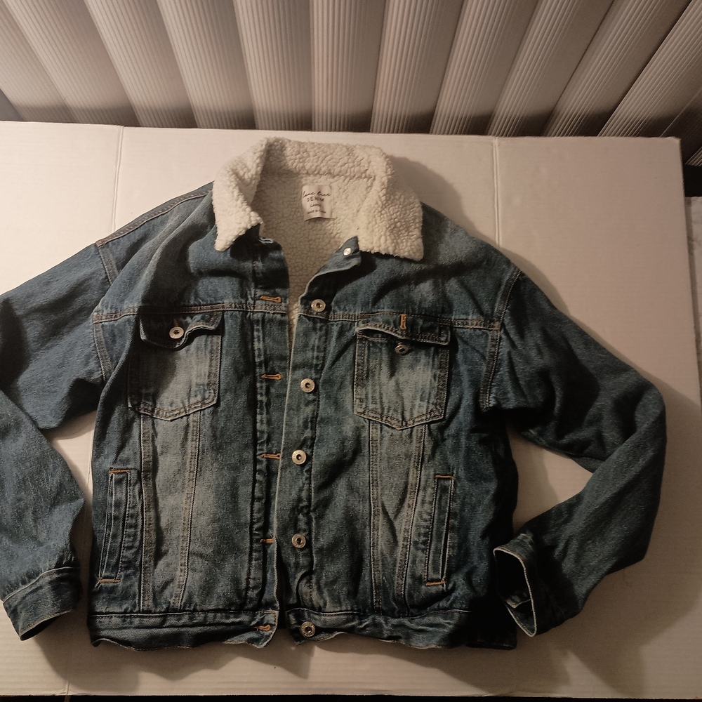 Love Tree Blue Denim Jacket with Sherpa Collar